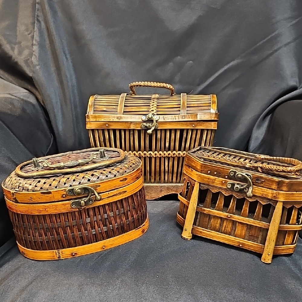 Set of Three Woven Wooden Baskets